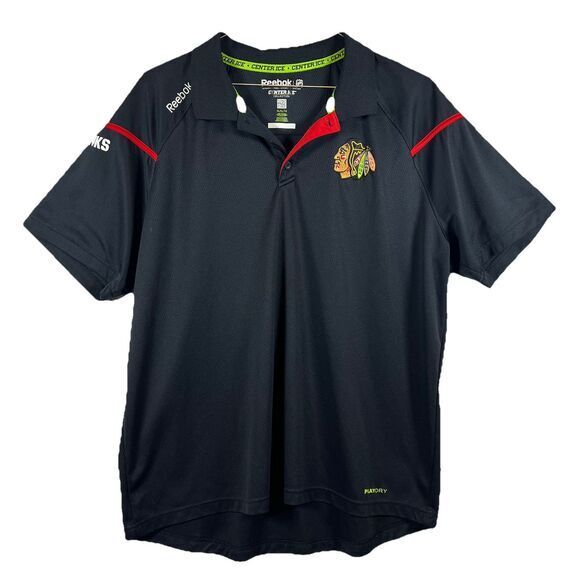 Reebok‎ Chicago Blackhawks Polo Shirt Black /Red NHL Hockey Mens Play-Dry XL - Picture 1 of 8